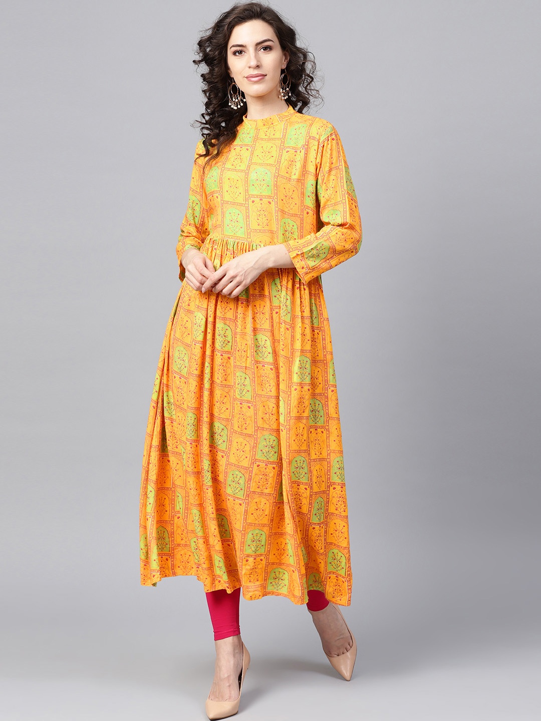 

Indo Era Women Yellow Printed A-Line Kurta