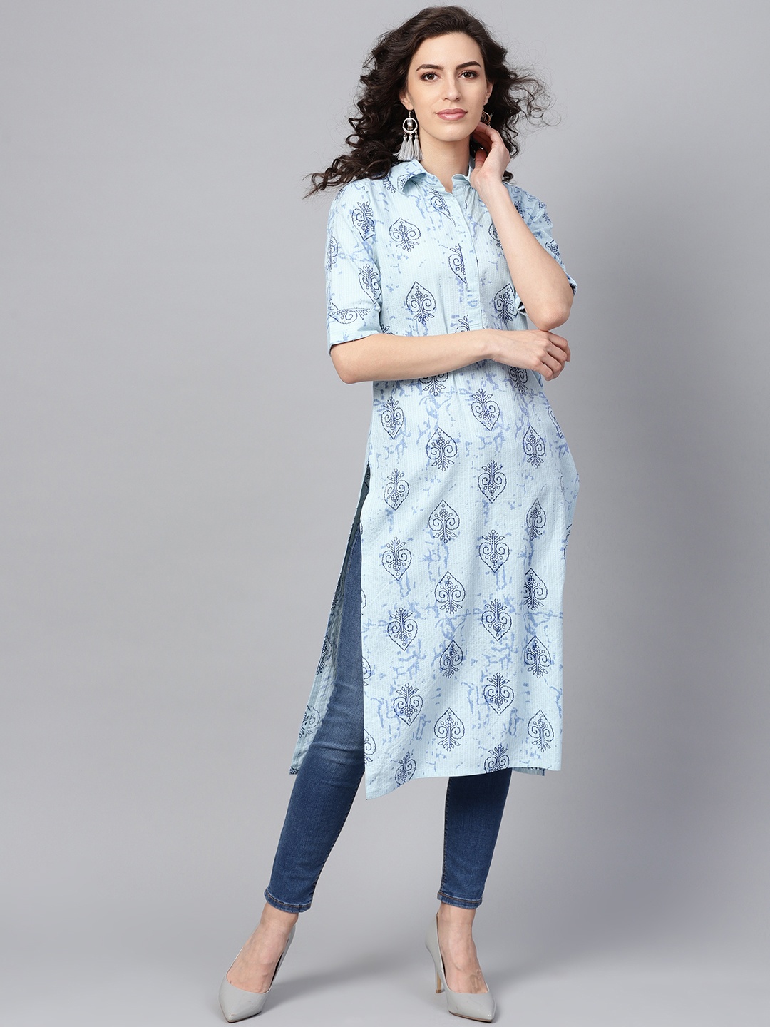 

Indo Era Women Blue Printed Straight Kurta