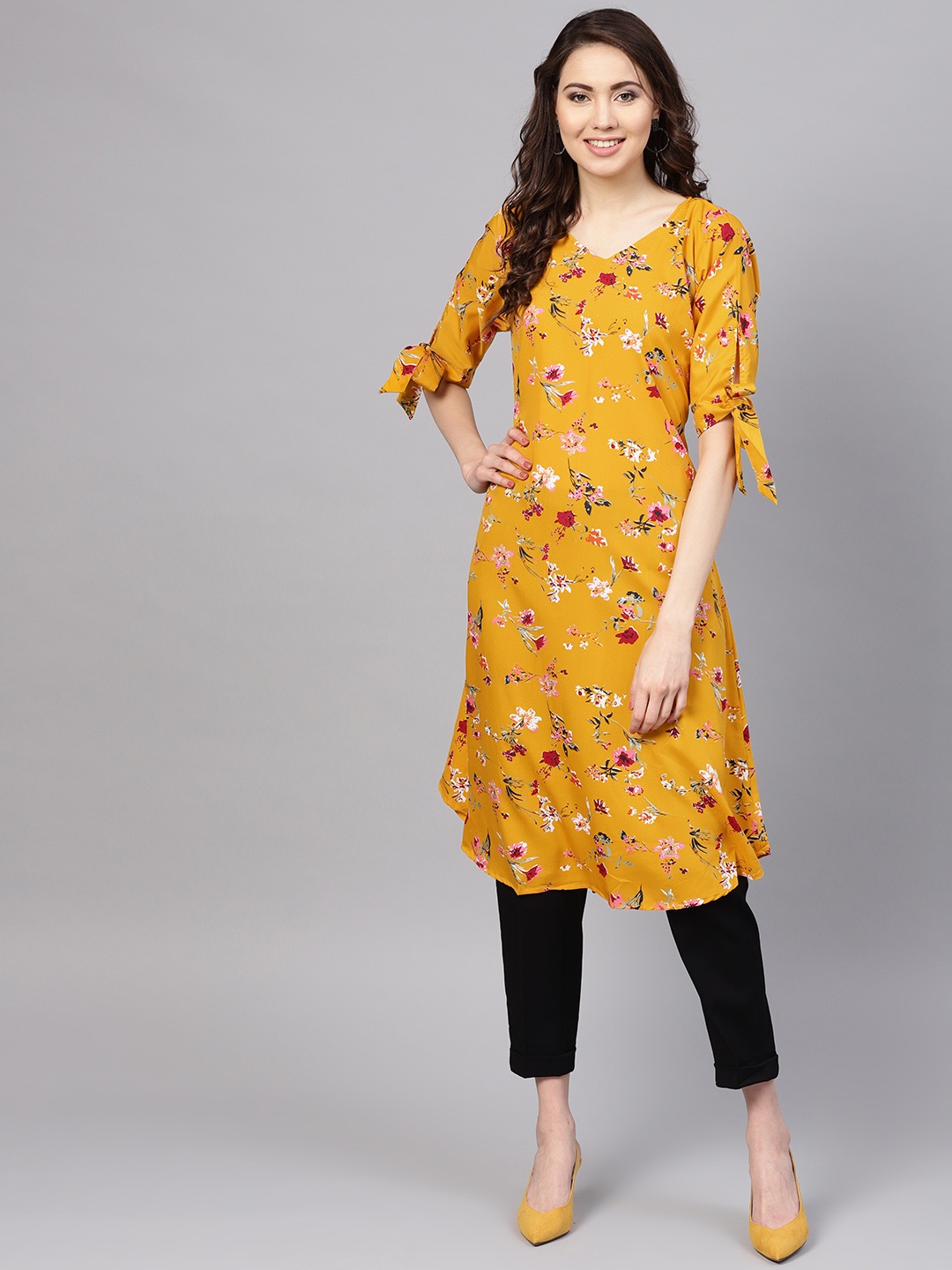 

Myshka Women Yellow & Maroon Floral Print A-Line Kurta