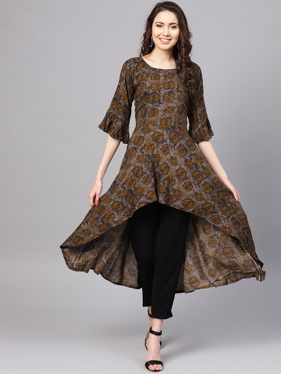 

Myshka Women Brown & Black Printed A-Line Kurta