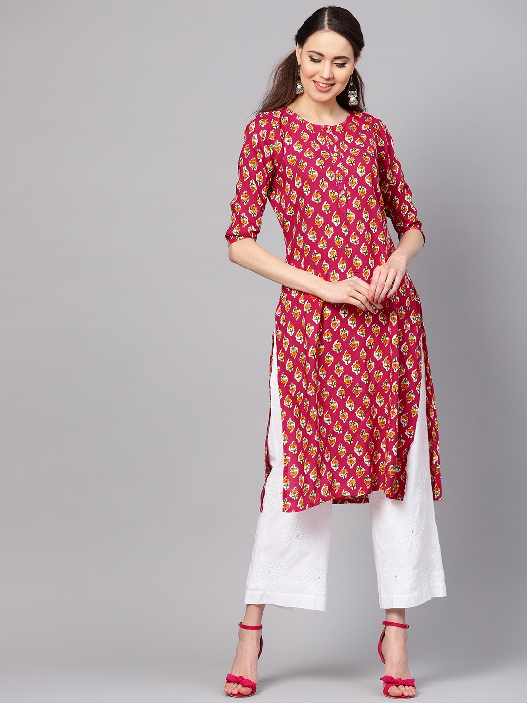 

Myshka Women Pink & Orange Printed Straight Kurta