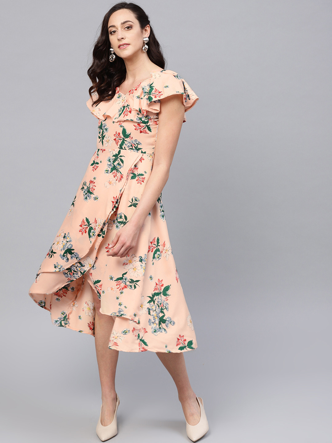 

Myshka Women Peach-Coloured & Green Printed Midi Wrap Dress