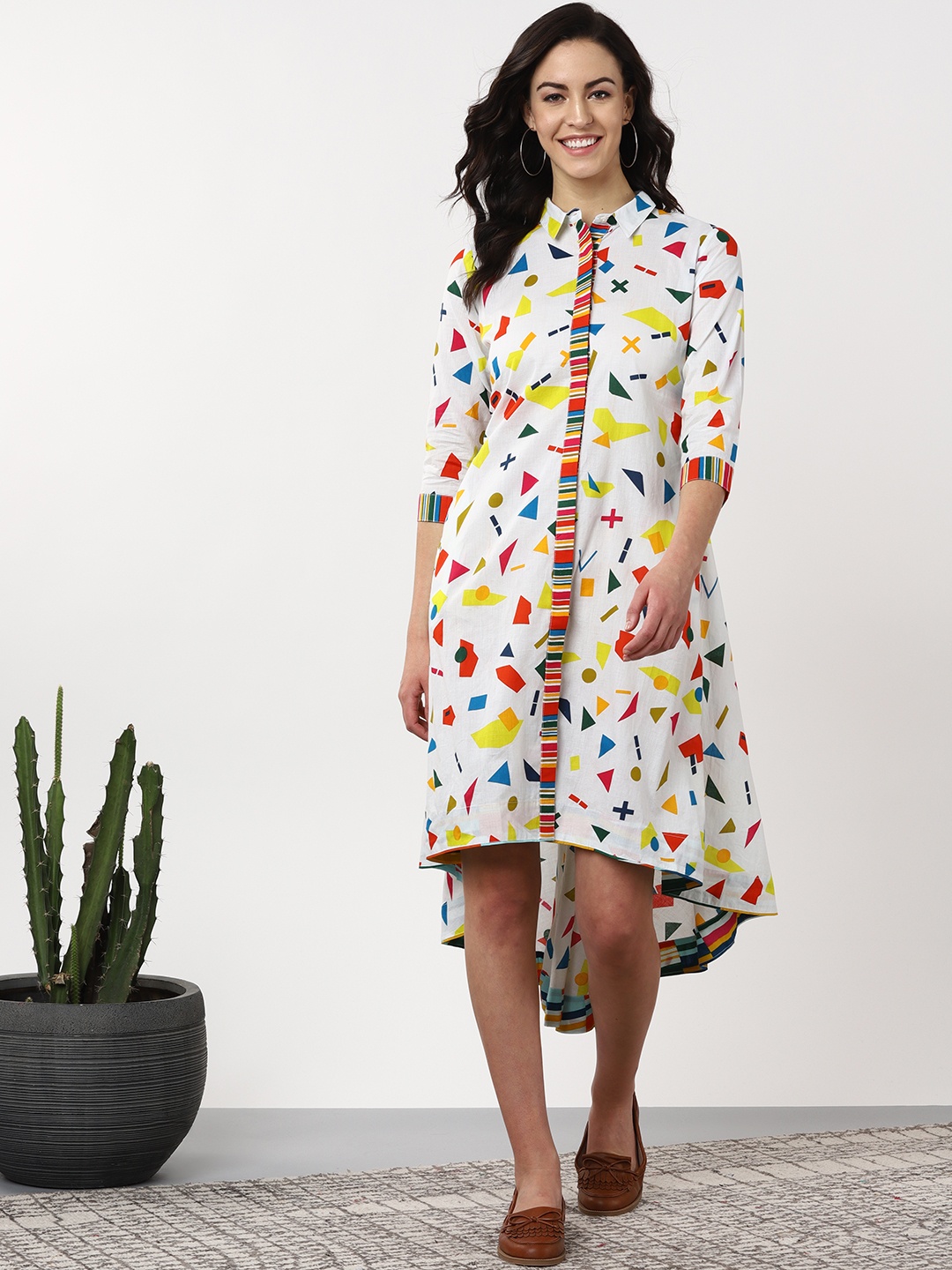

Sangria Women White & Yellow Printed Shirt Dress