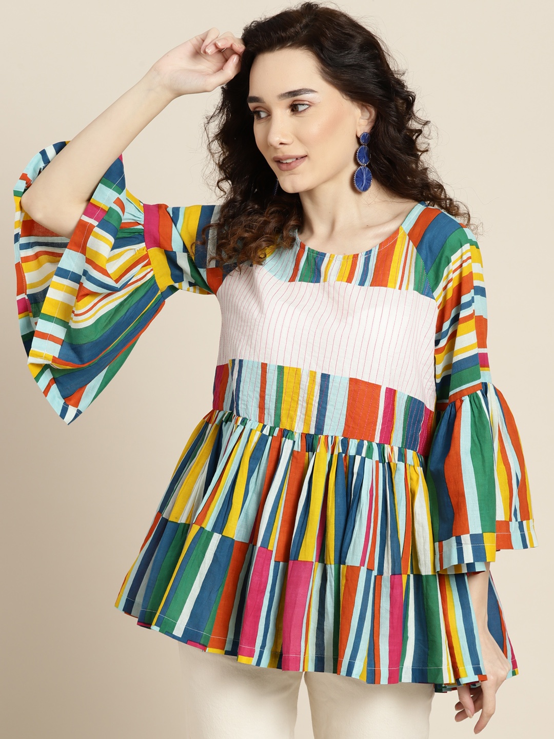 

Sangria Women Multicoloured Printed A-Line Pure Cotton Top, Multi