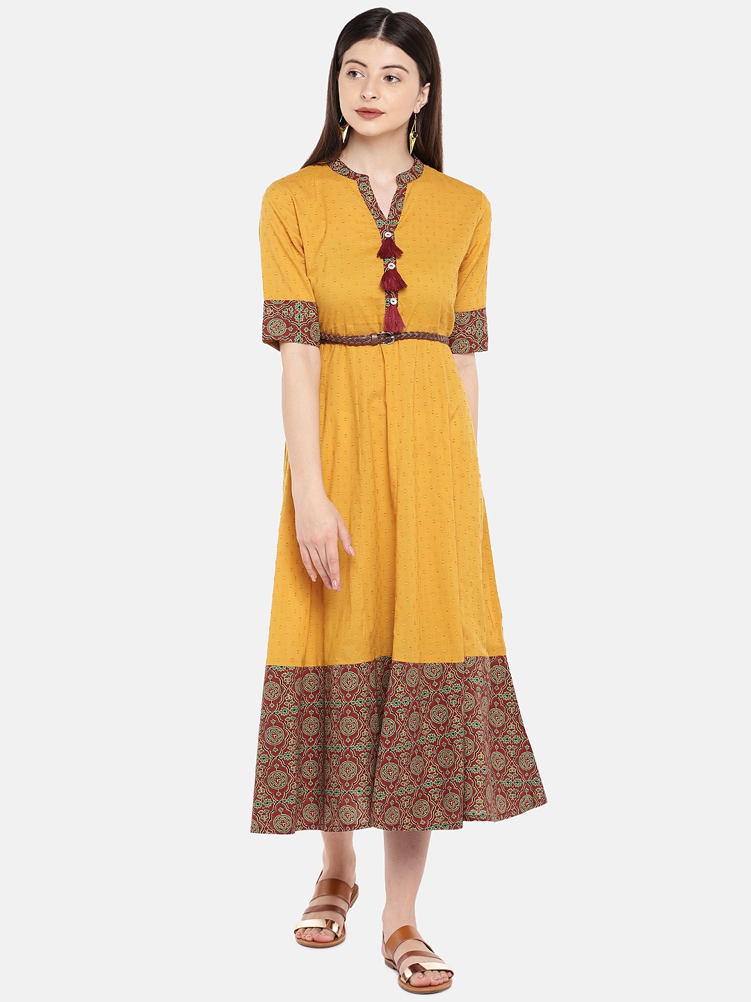 

Ethnicity Women Mustard Self Design A-Line Dress