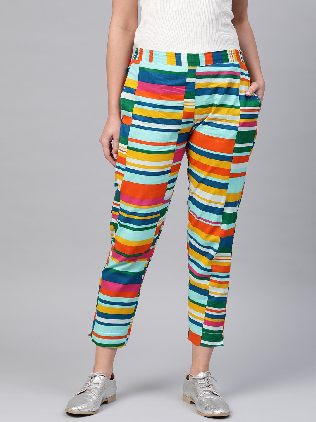 

Sangria Women Multicoloured Regular Fit Striped Cropped Trousers, Multi