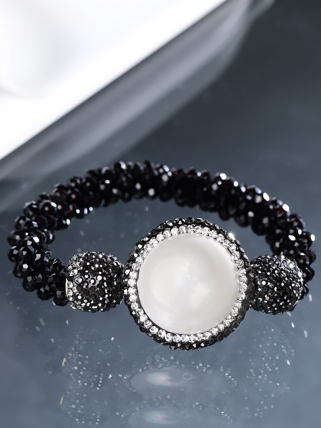 Jewels Galaxy Black & Off-White Beaded & Stone-Studded Elasticated Bracelet