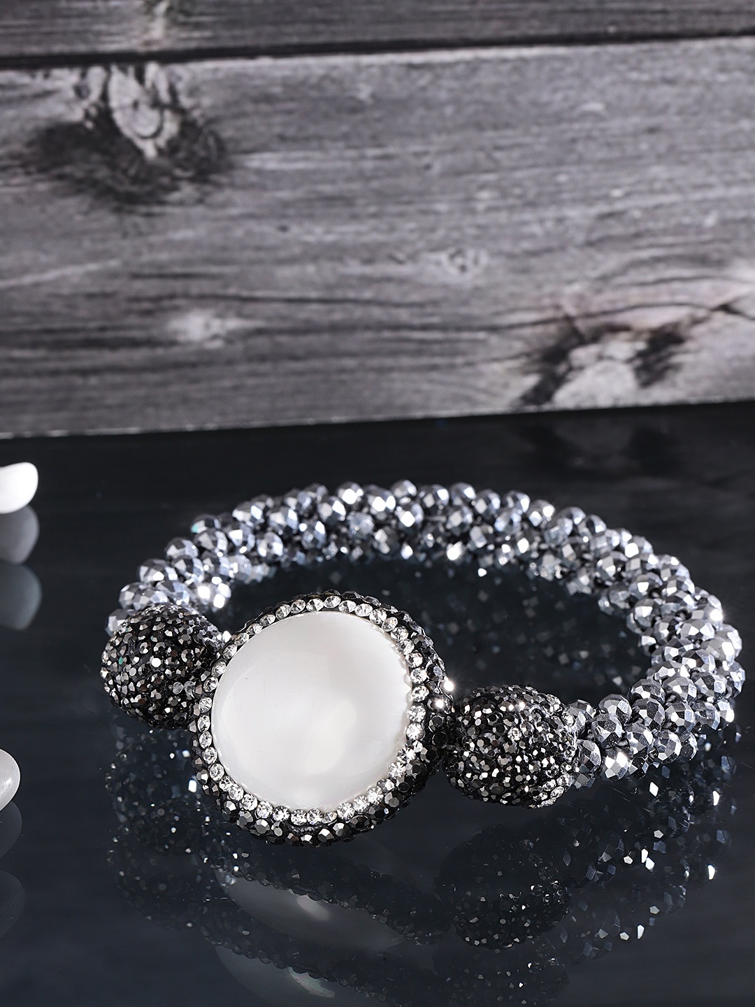 

Jewels Galaxy Silver-Toned & Off-White Beaded & Stone-Studded Elasticated Bracelet