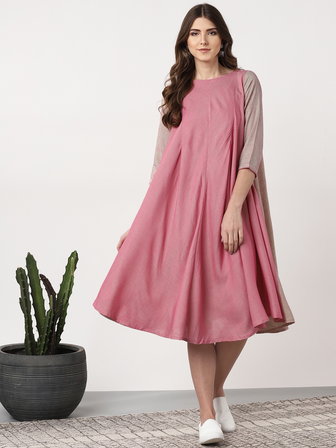 

Sangria Women Striped Pink & Green Striped A-Line Dress