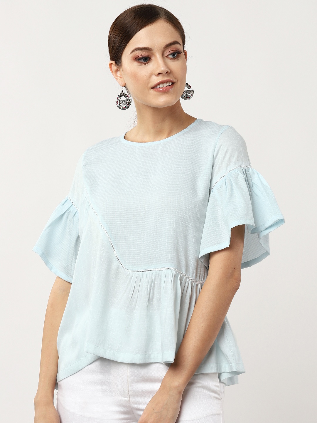 

Sangria Women Blue Self-Checked A-Line Top