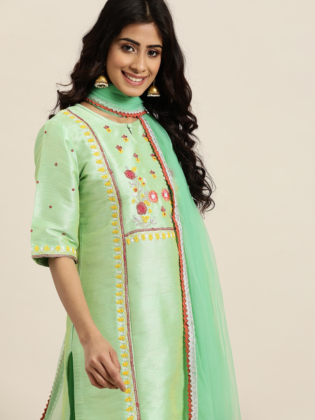 

Sangria Women Green & Yellow Floral Embroidered Kurta with Net Sharara & Dupatta, Sea green