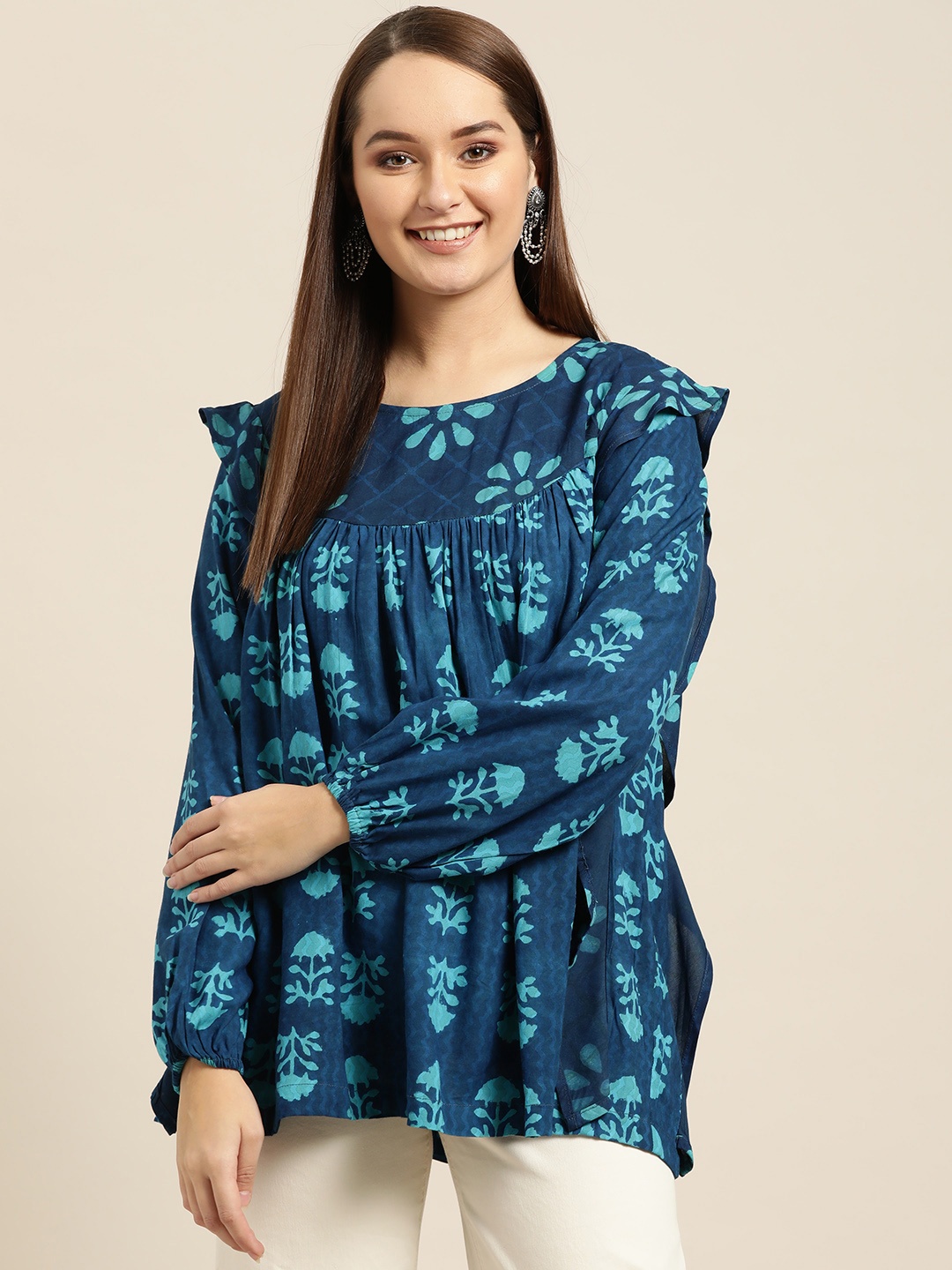 

Sangria Women Blue Printed Ruffled A-Line Top