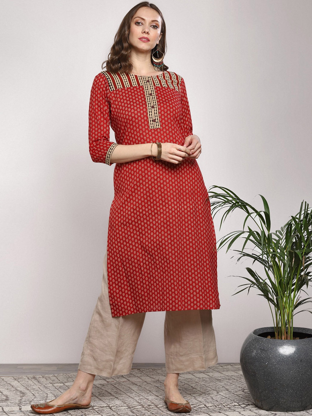 

Sangria Women Red & Off-White Printed Straight Kurta