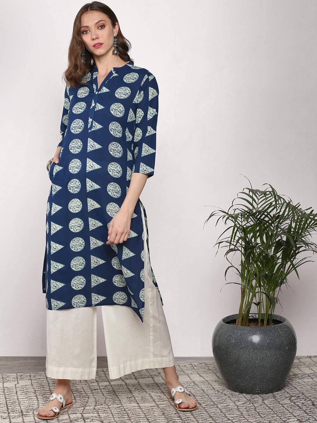 

Sangria Women Navy Blue Printed A-Line Kurta
