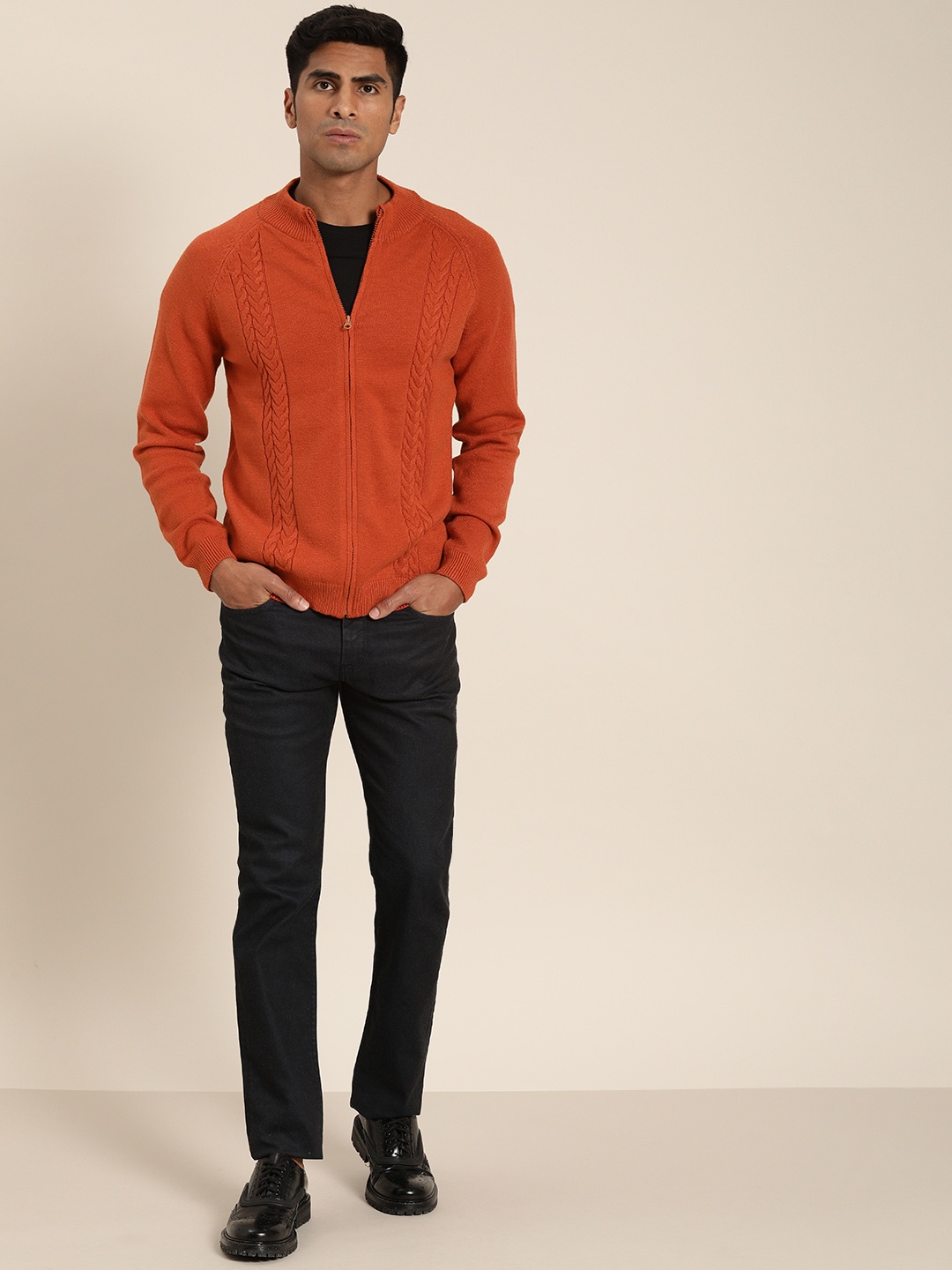 

INVICTUS Men Rust Orange Self Design Cardigan Sweater