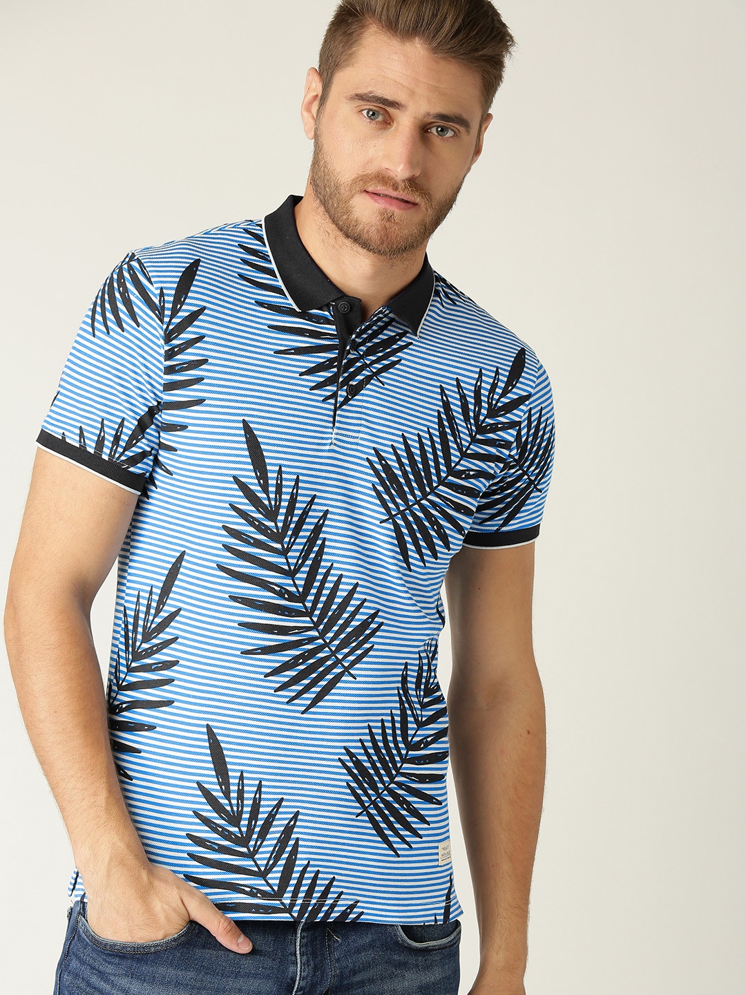 

United Colors of Benetton Men Blue Striped Polo Collar T-shirt
