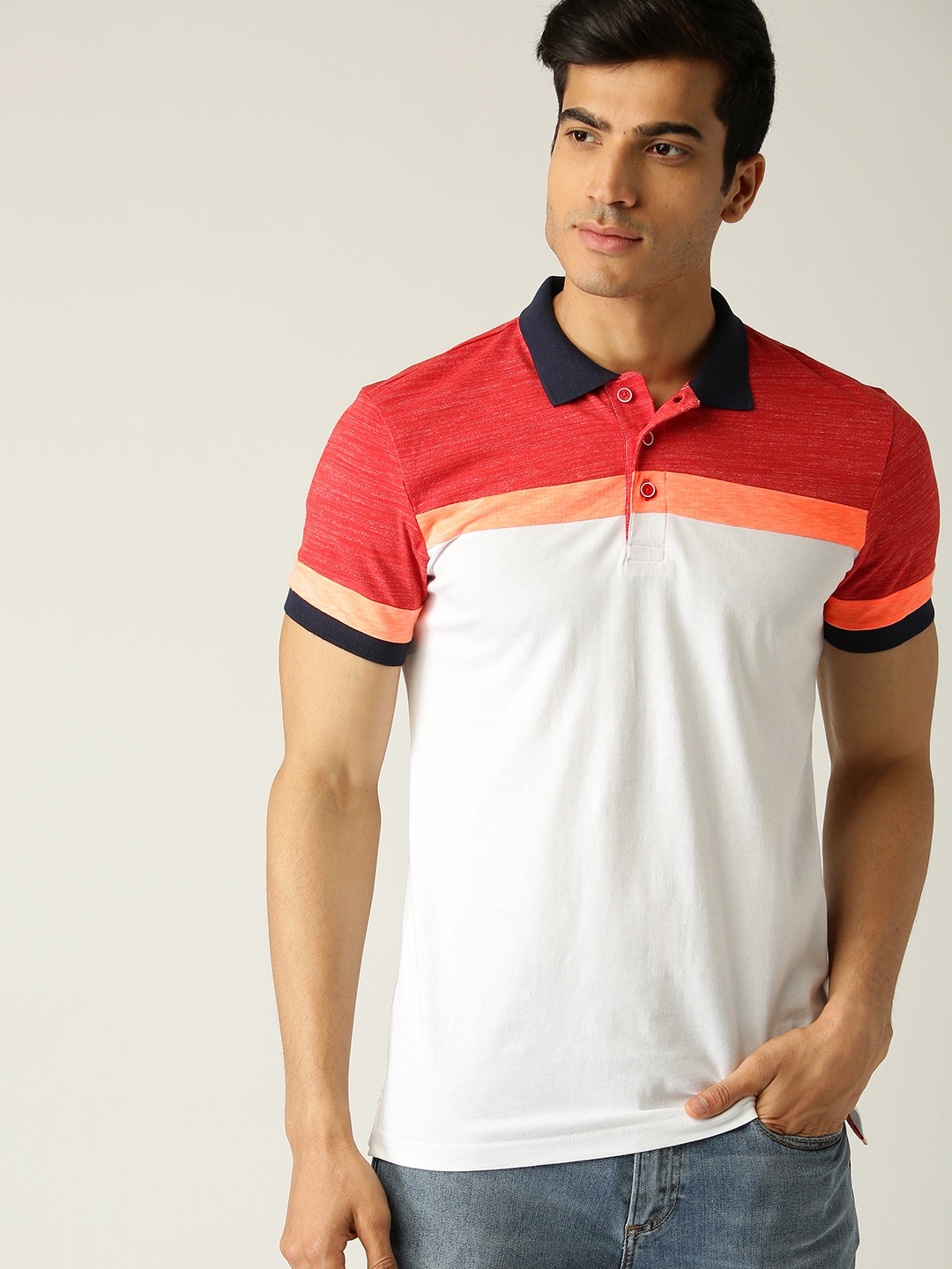 

United Colors of Benetton Men White & Red Colourblocked Polo Collar T-shirt
