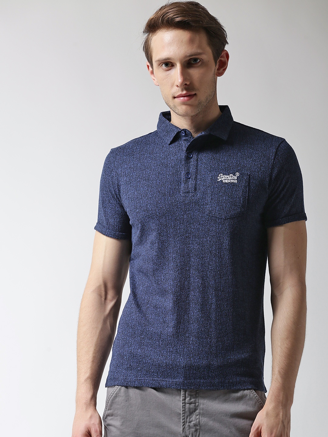 

Superdry Men Navy Blue & Black Printed Polo Collar T-shirt