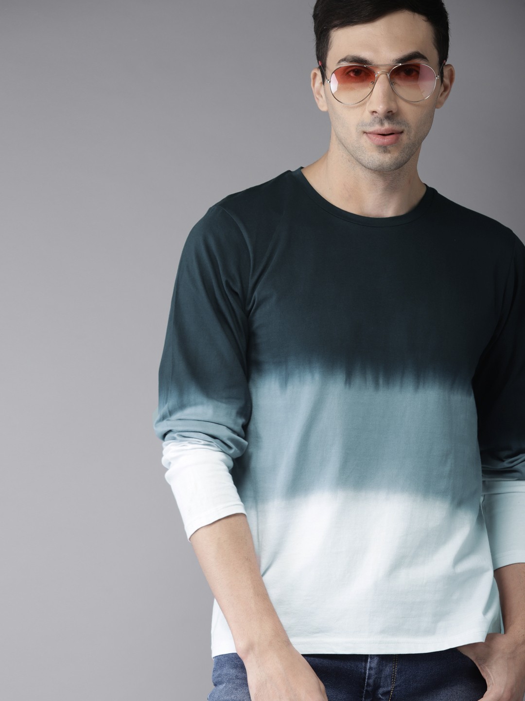 

HERENOW Men White Grey Dyed Round Neck Pure Cotton T-shirt