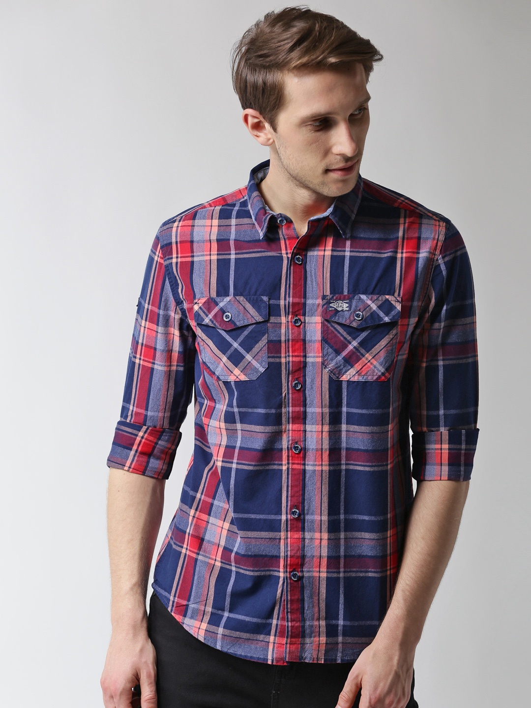 

Superdry Men Navy Blue & Red Regular Fit Checked Casual Shirt