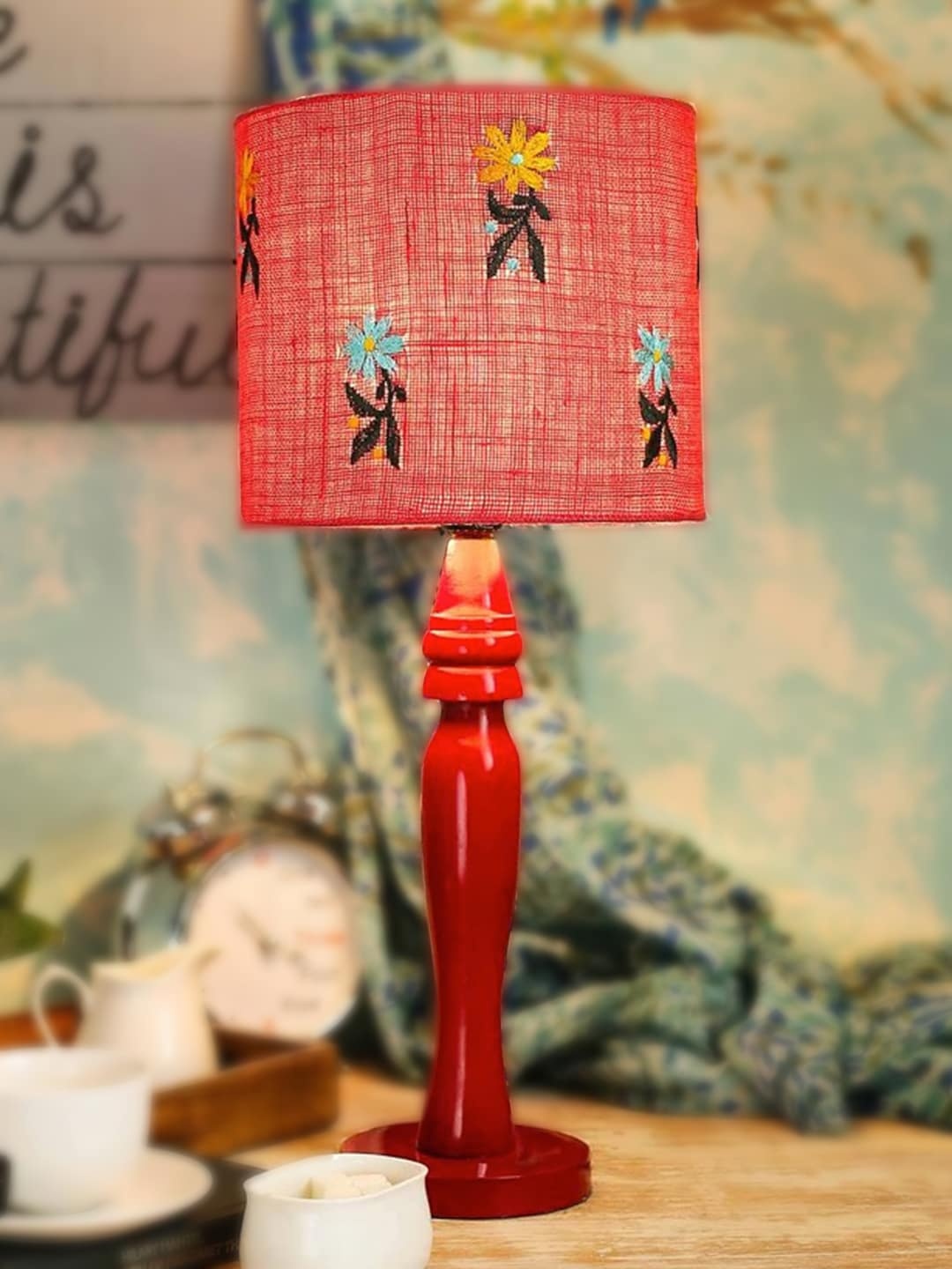 

green girgit Brown Flowers Self Design Bedside Table Top Lamp with Shade, Red
