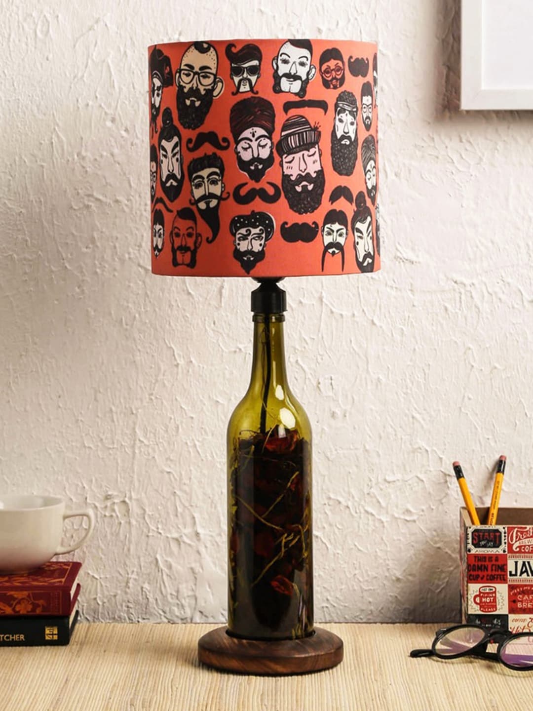 

green girgit Brown Printed Moochh Wala LED Bottle Bedside Standard Lamp