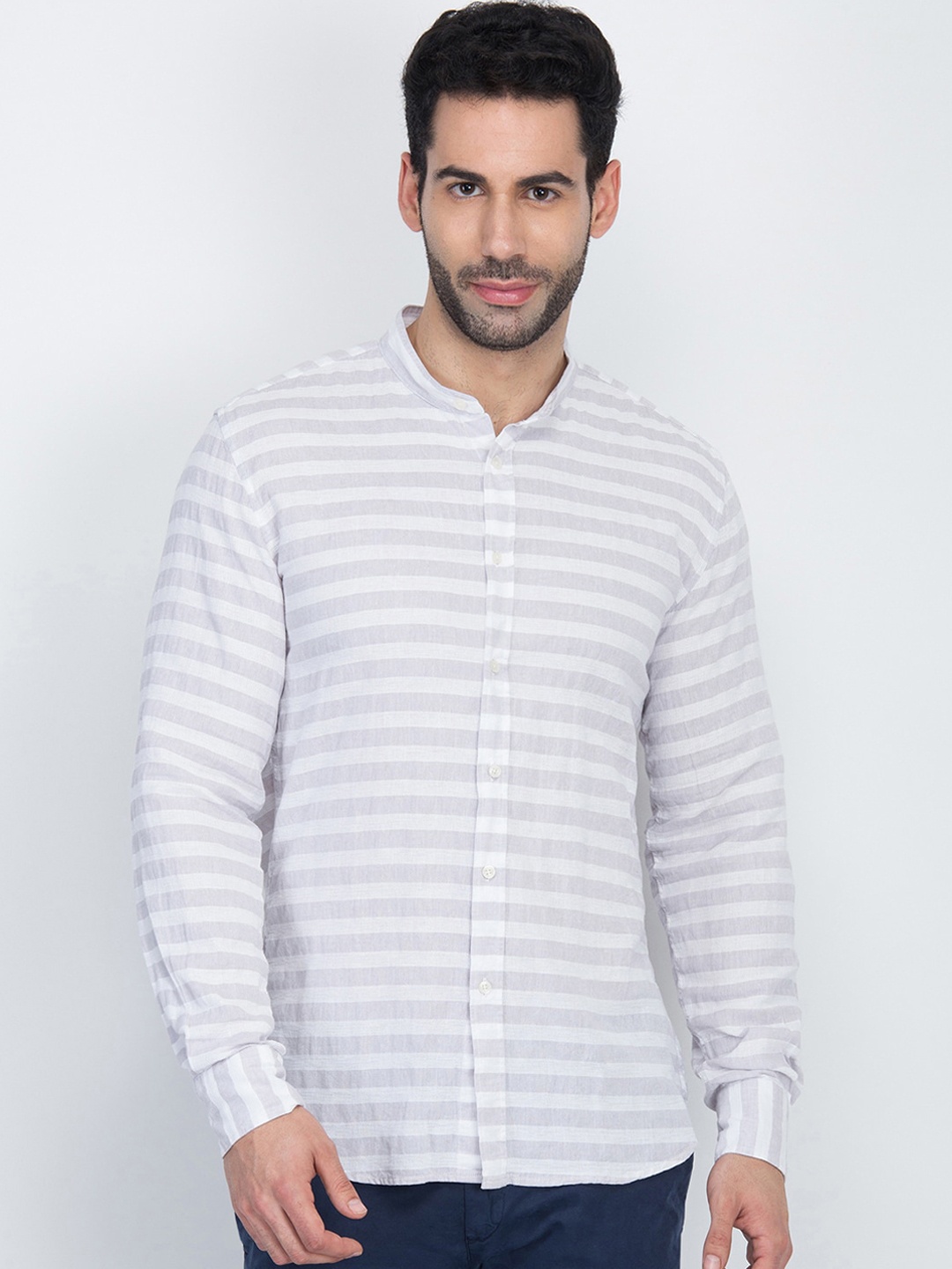 

Antony Morato Men White & Grey Slim Fit Striped Casual Shirt