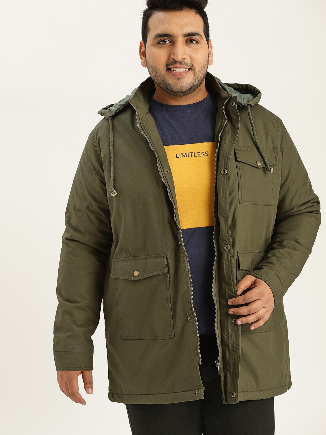 

Sztori Plus Size Men Olive Green Solid Tailored Hooded Jacket