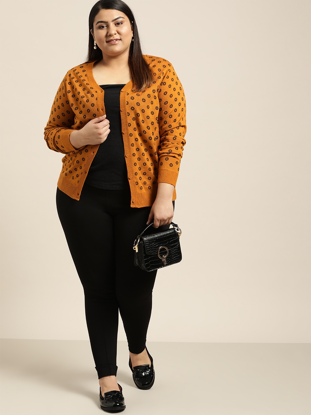 

Sztori Plus Size Women Mustard Yellow Black Printed Cardigan