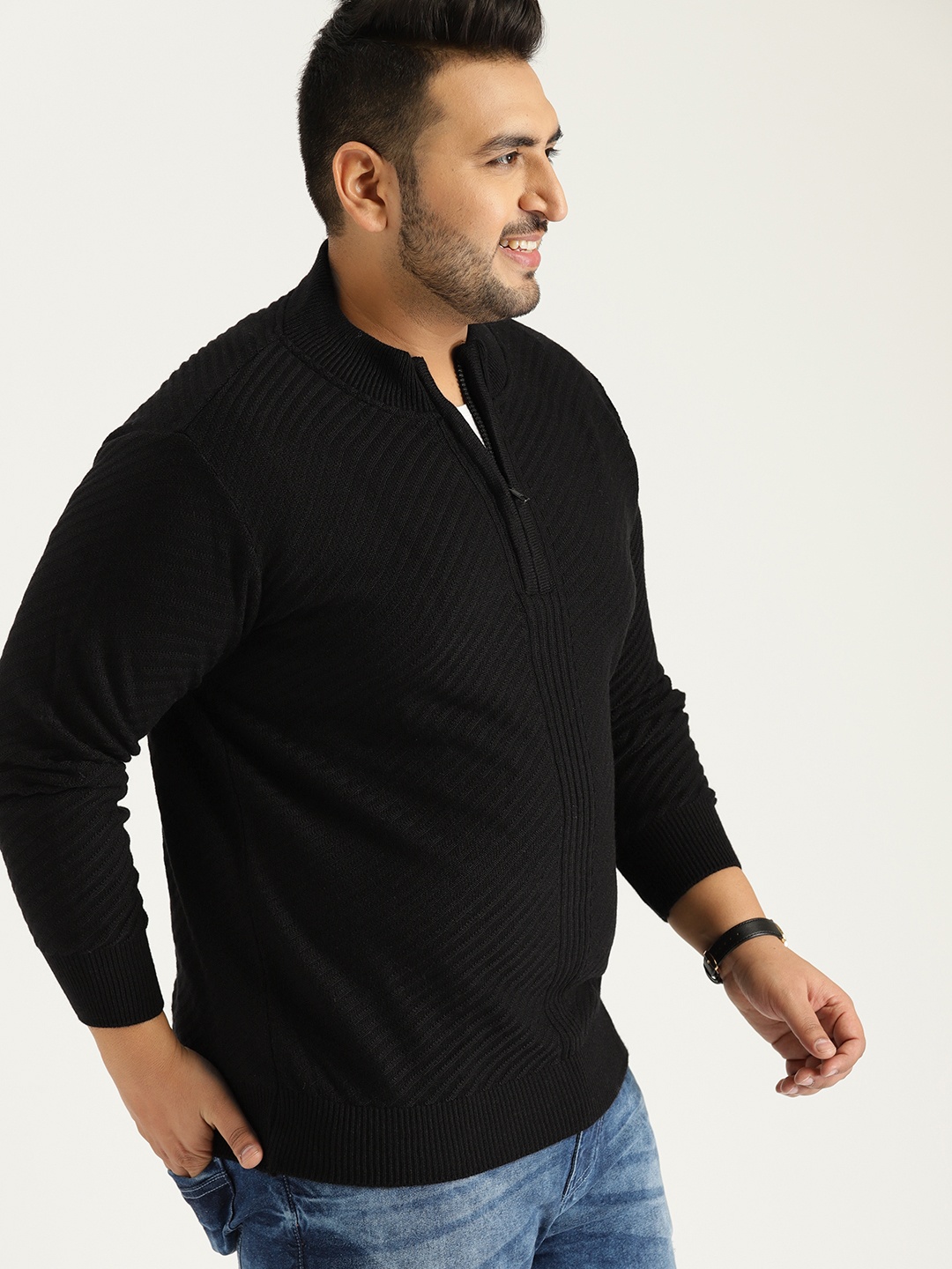 

Sztori Plus Size Men Black Self-Striped Sweater