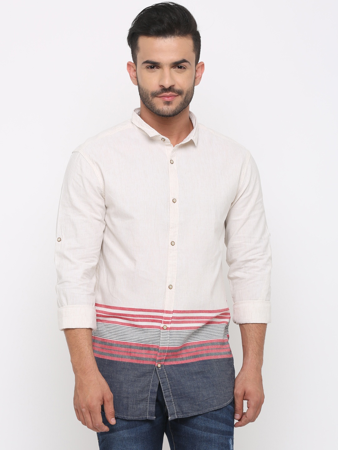 

WITH Men Off-White Slim Fit Striped Casual Shirt
