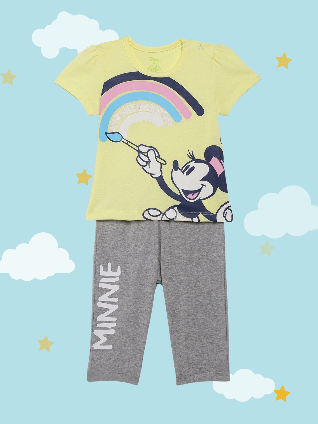 

YK Disney Infant Girls Yellow & Grey Melange Printed Minnie Night suit 119YKKSLD77064
