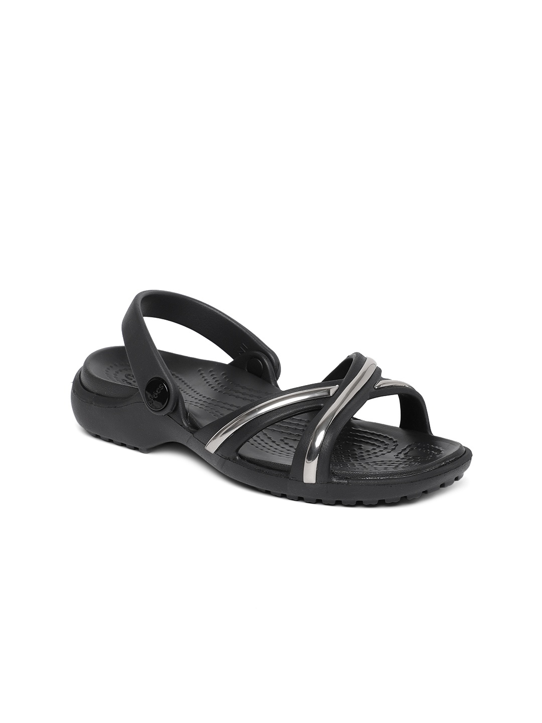 

Crocs Meleen Women Silver-Toned Black Solid Open Toe Flats