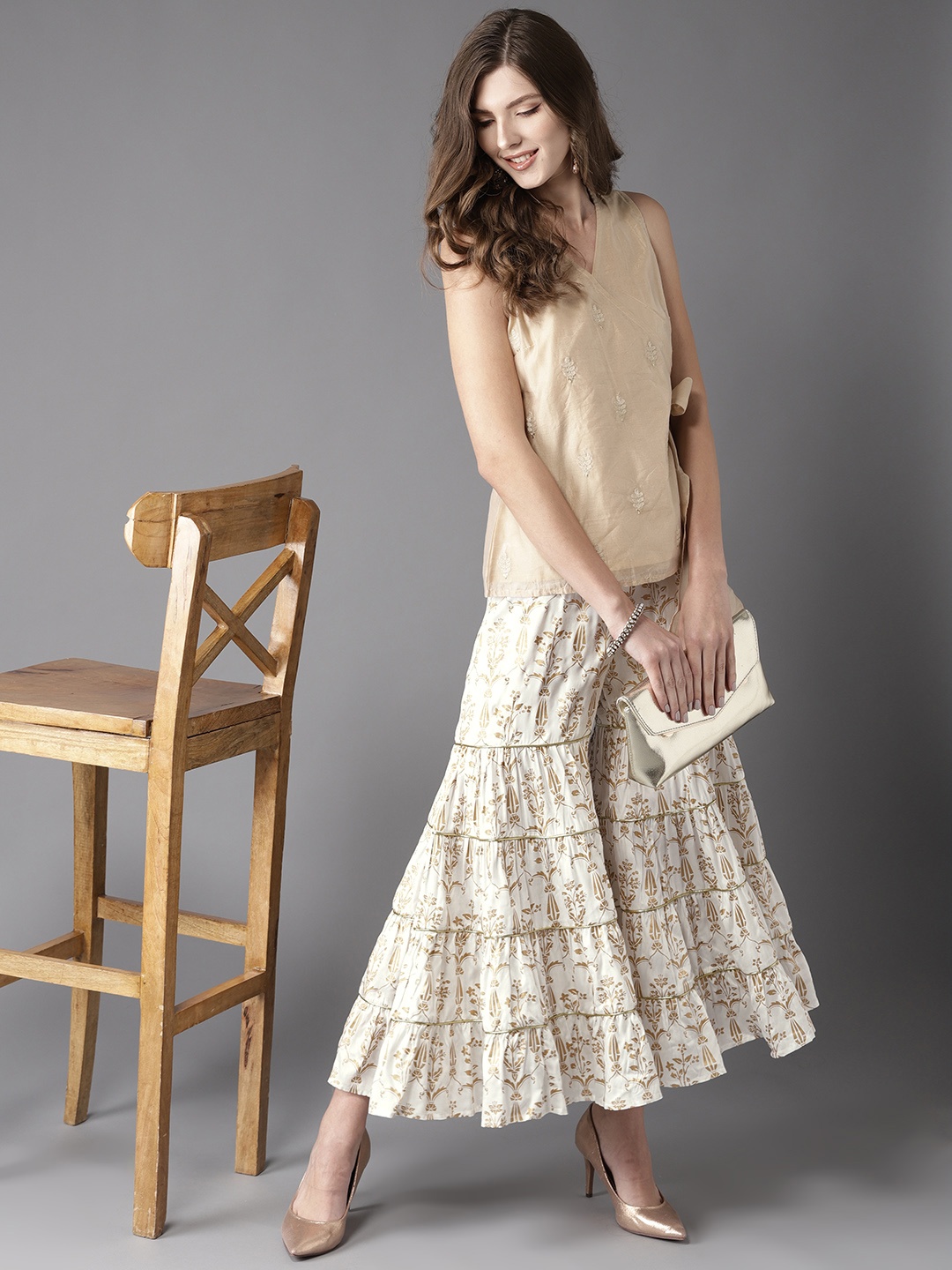 

Moda Rapido Woman Tiered Down Golden Printed Sharara, White