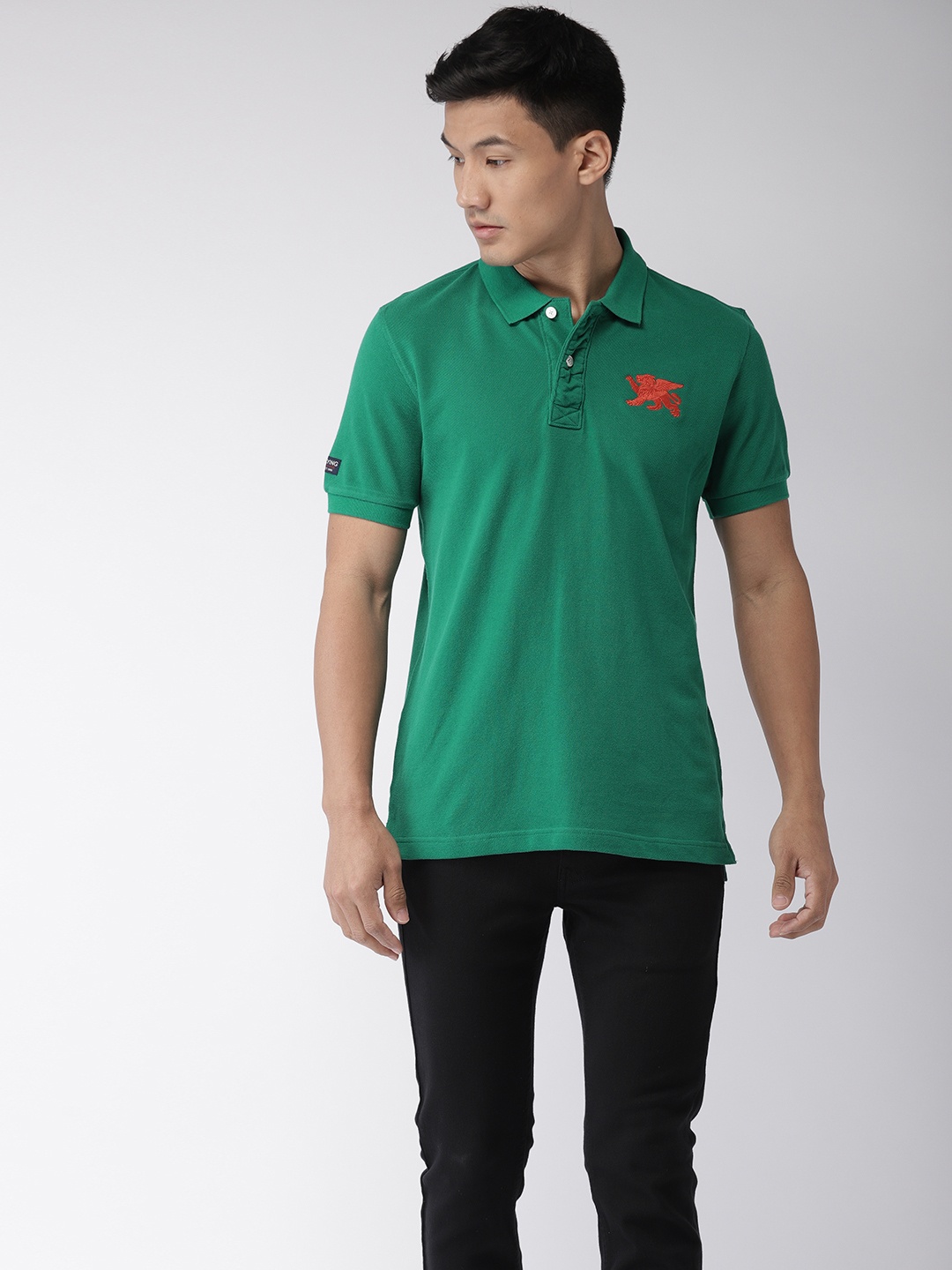 

Flying Machine Men Green Solid Polo Collar Pure Cotton T-shirt