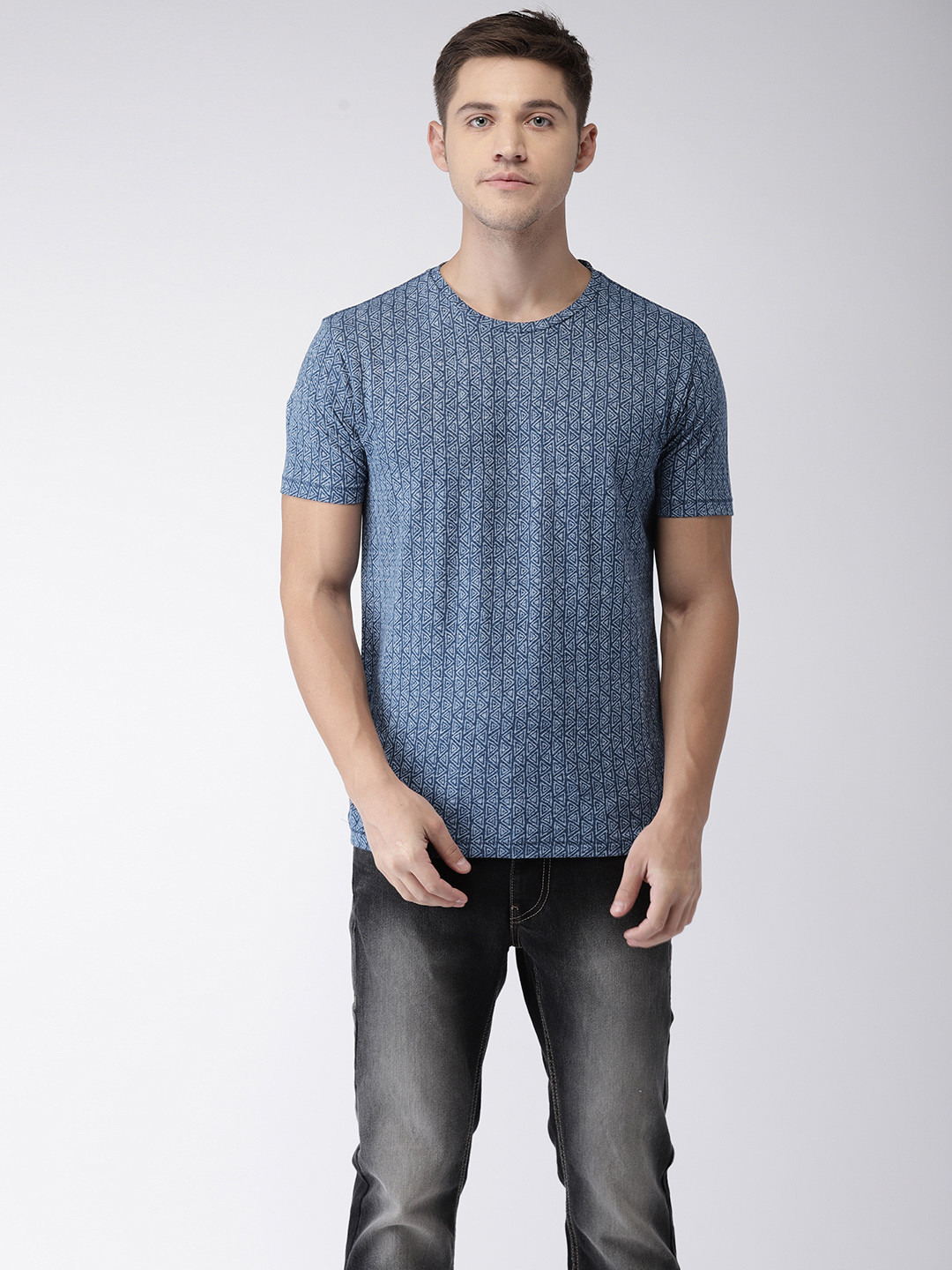 

Flying Machine Men Navy Blue Printed Round Neck T-shirt
