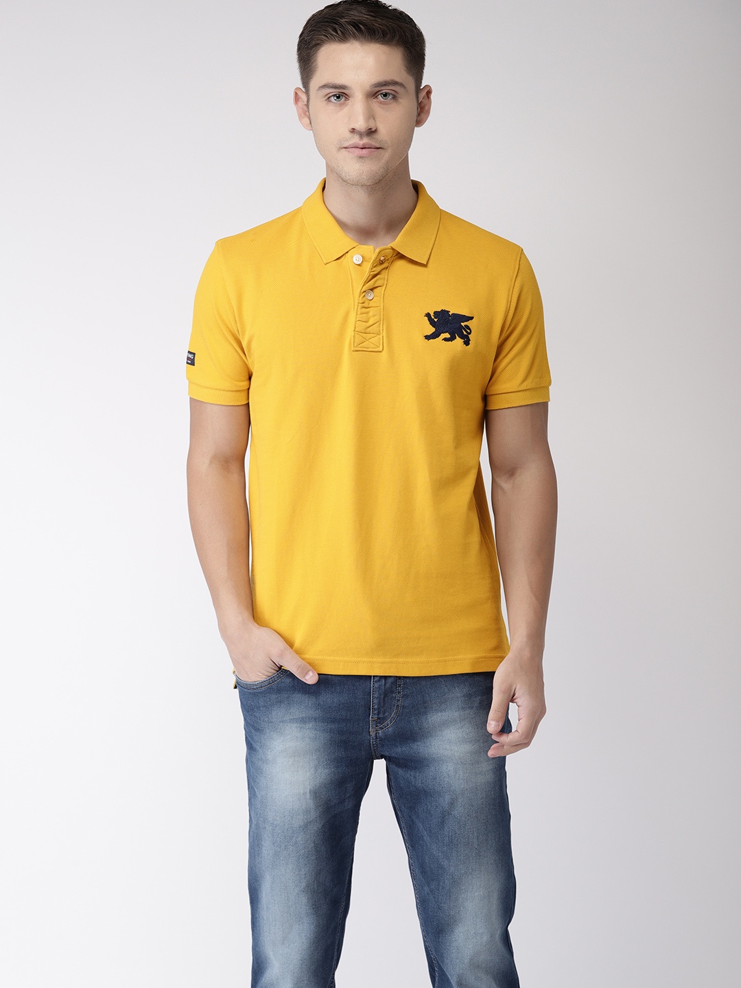 

Flying Machine Men Mustard Yellow Solid Polo Collar Pure Cotton T-shirt
