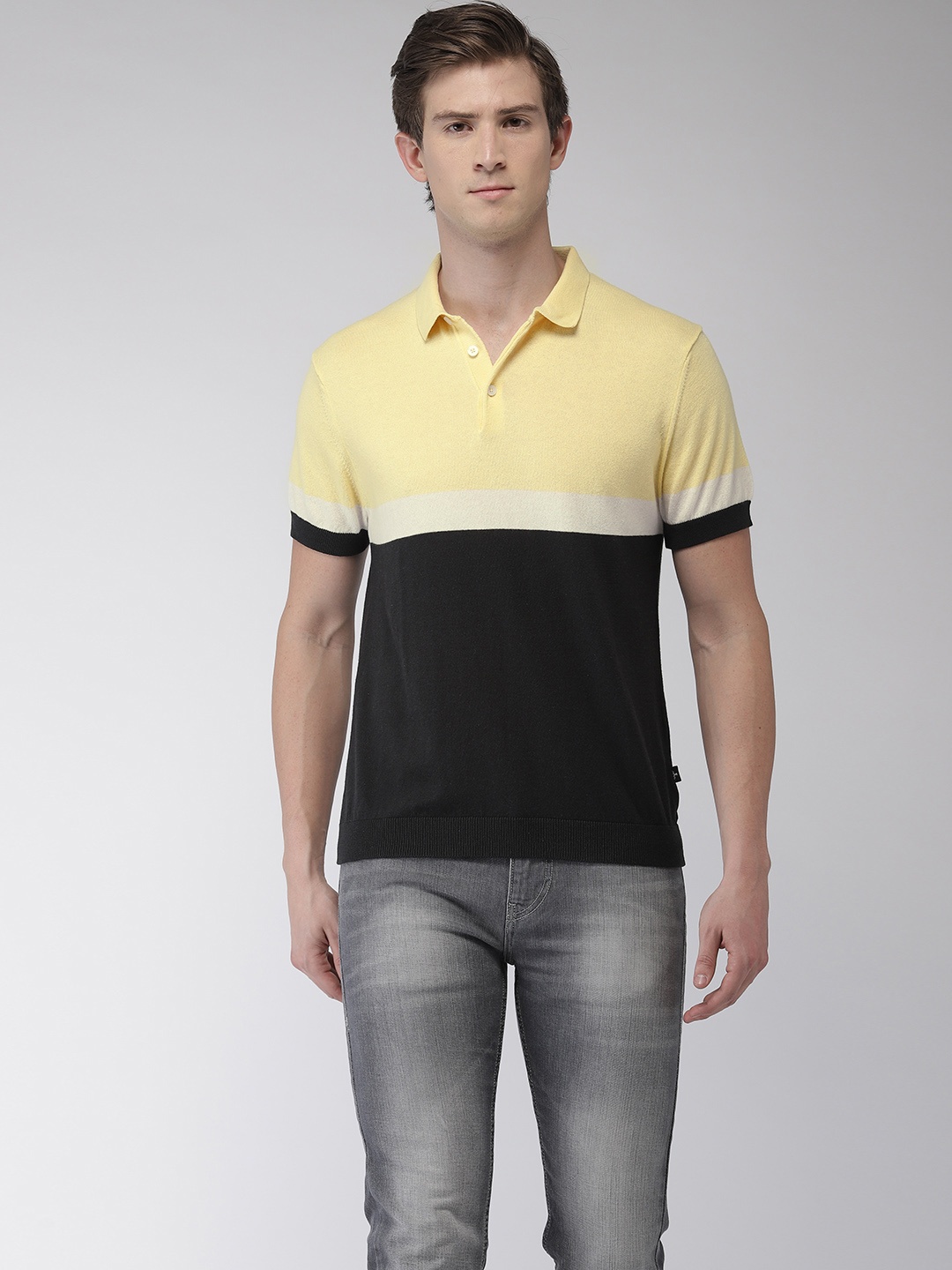 

Flying Machine Men Yellow & Black Colourblocked Polo Collar T-shirt