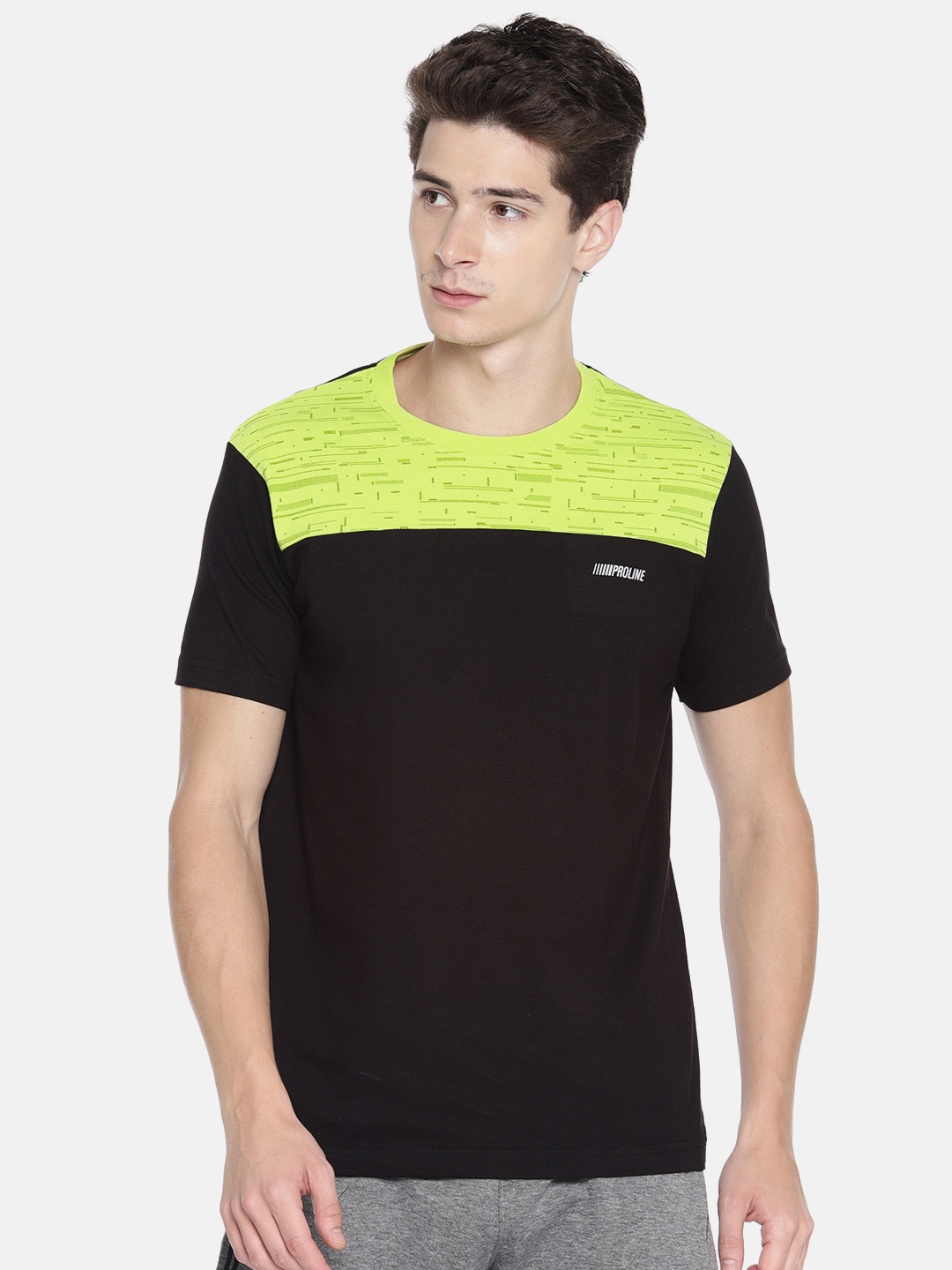 

Proline Active Men Black Fluorescent Green Colourblocked Round Neck Pure Cotton T-shirt