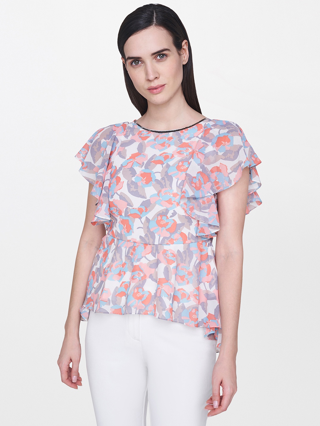 

AND Women White & Orange Printed High-Low Top