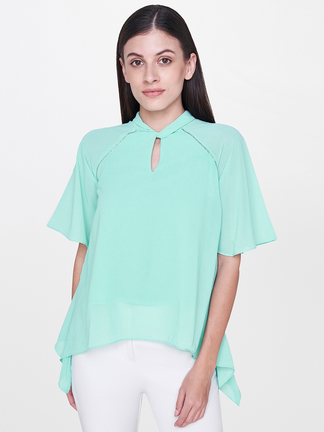 

AND Women Sea Green Solid A-Line Top