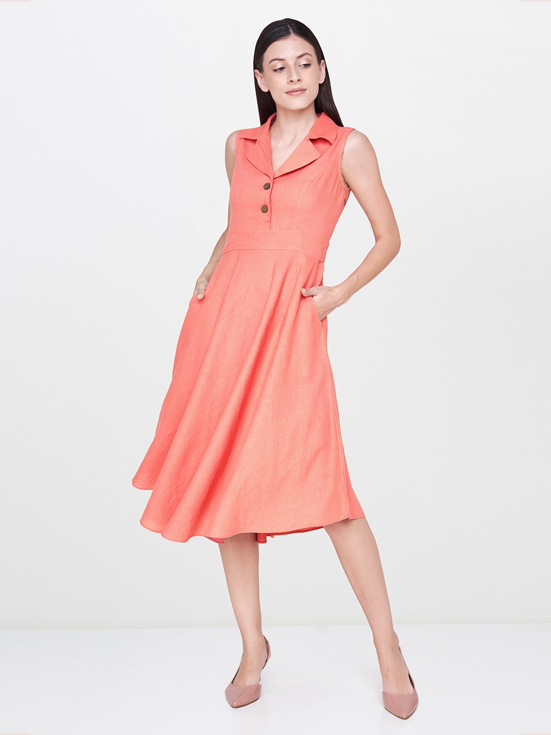 

AND Women Coral Pink Solid A-Line Dress