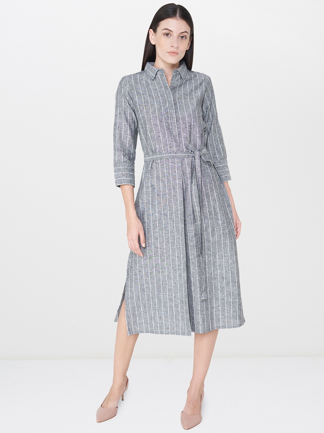 

AND Women Grey & White Striped Shirt Dress