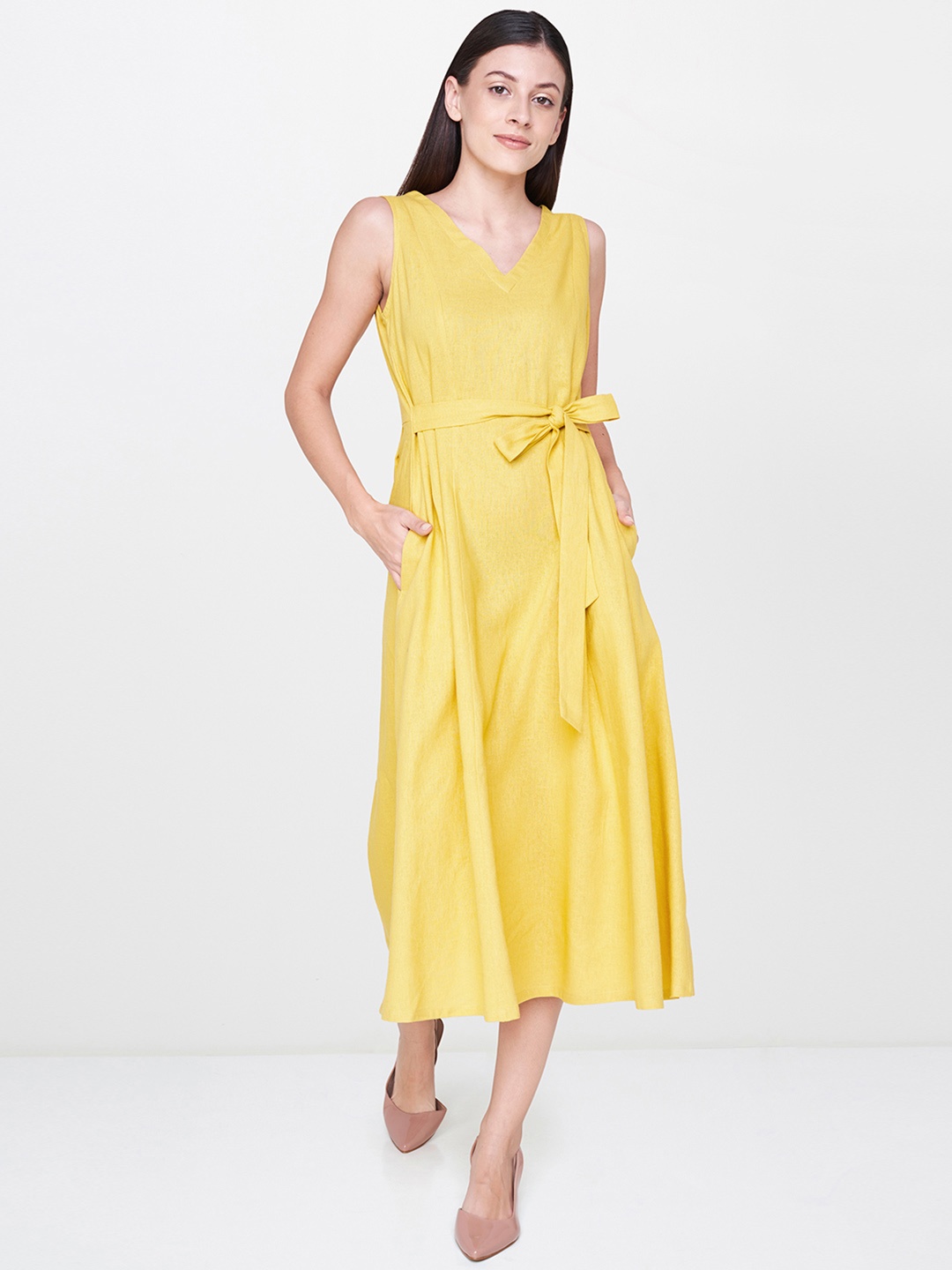 

AND Women Yellow Solid A-Line Dress