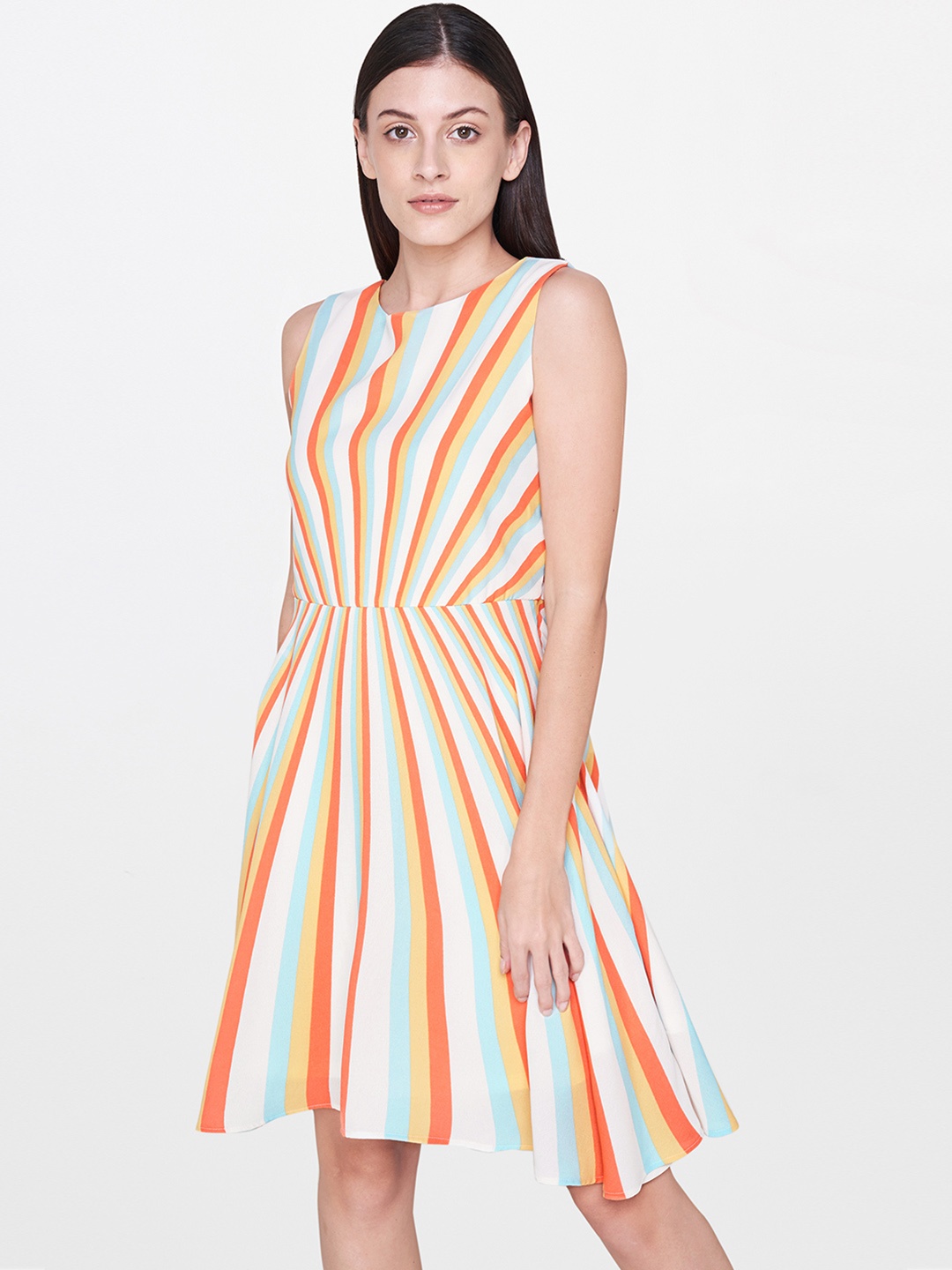 

AND Women Orange and White Printed A-Line Dress