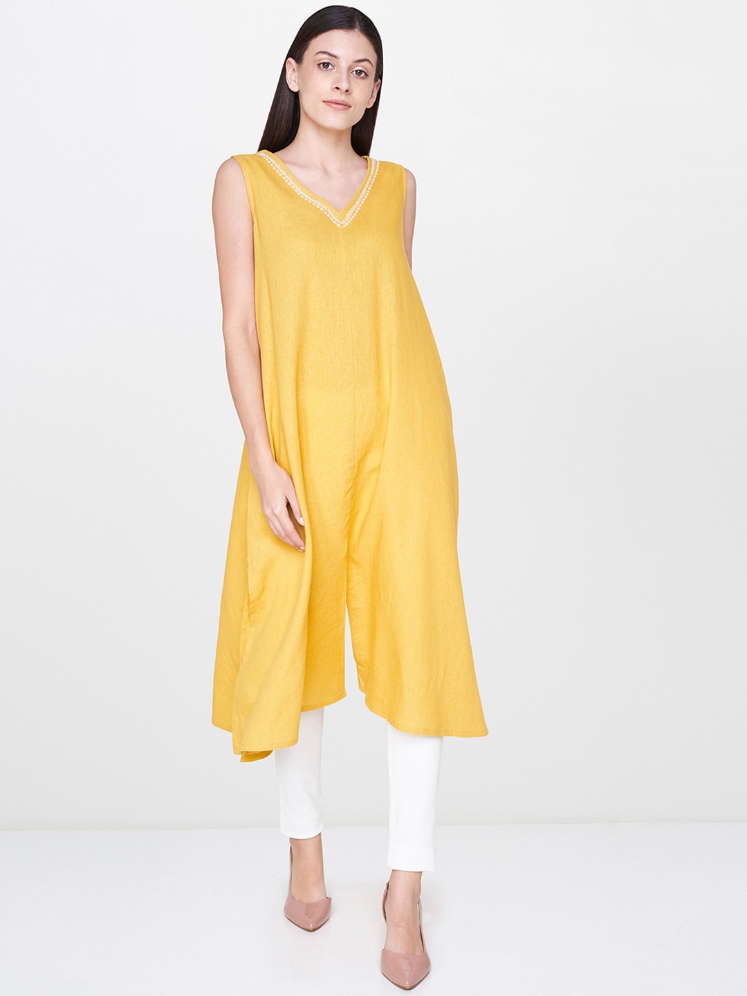 

AND Women Yellow Solid A-Line Kurta