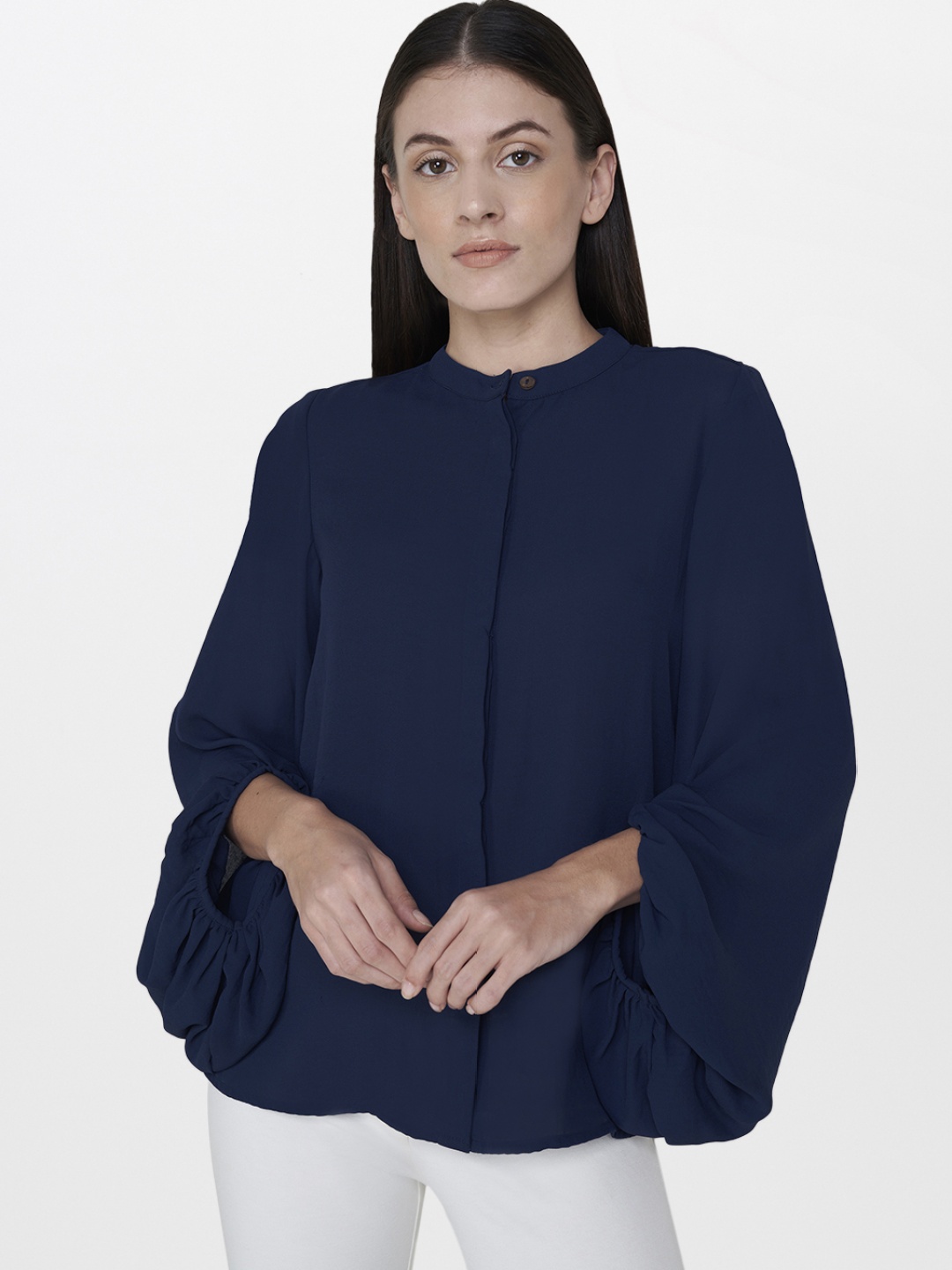 

AND Women Navy Blue Solid Shirt Style Top