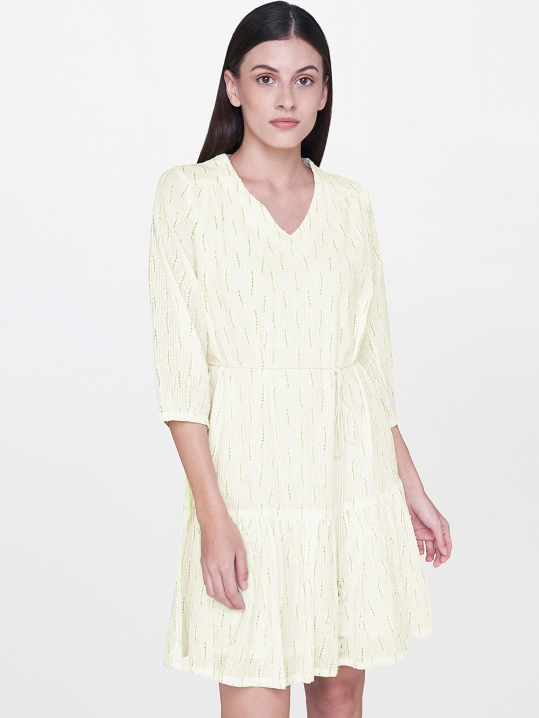 

AND Women Yellow Self Design A-Line Dress