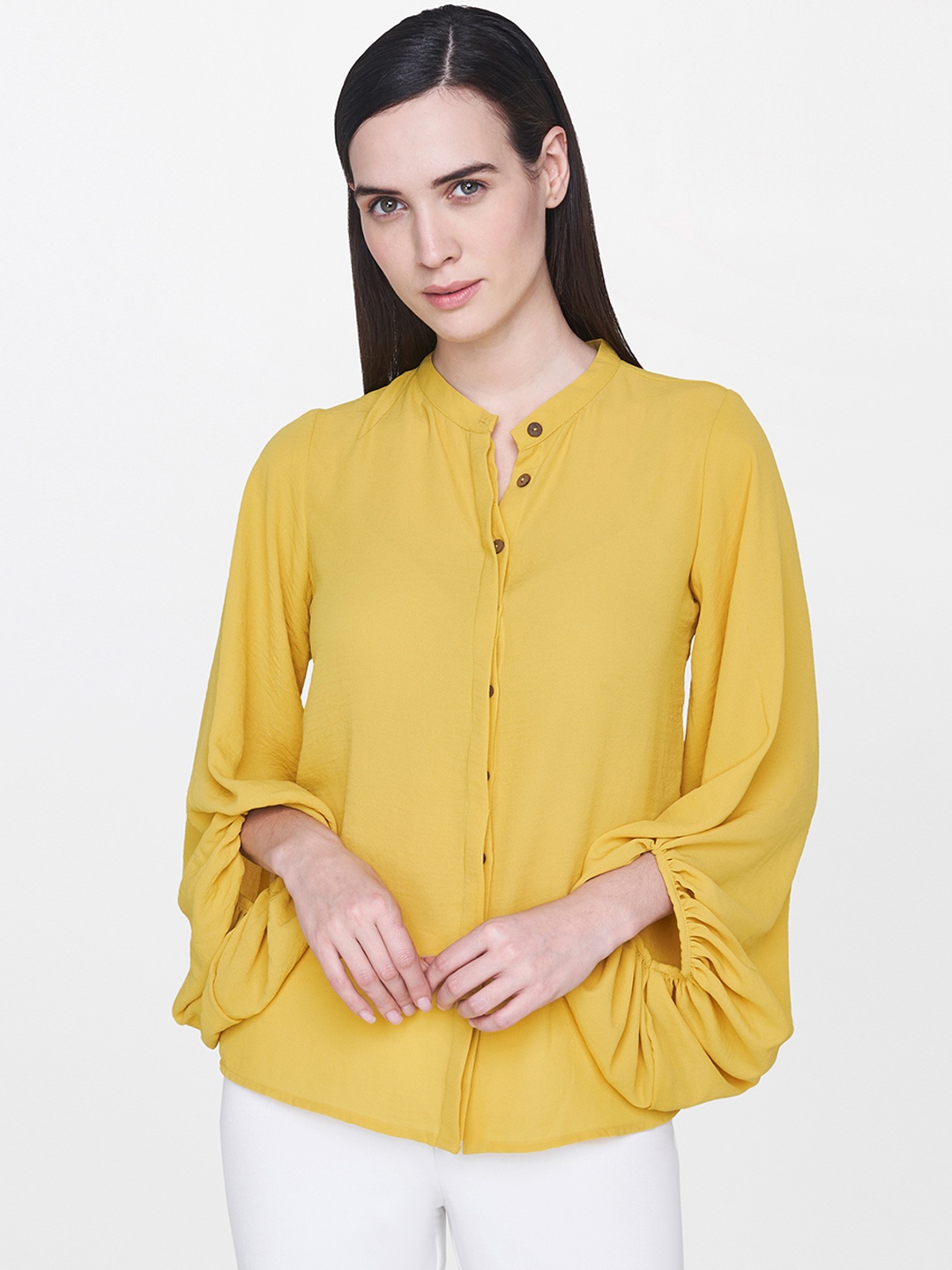 

AND Women Mustard Yellow Solid Shirt Style Top