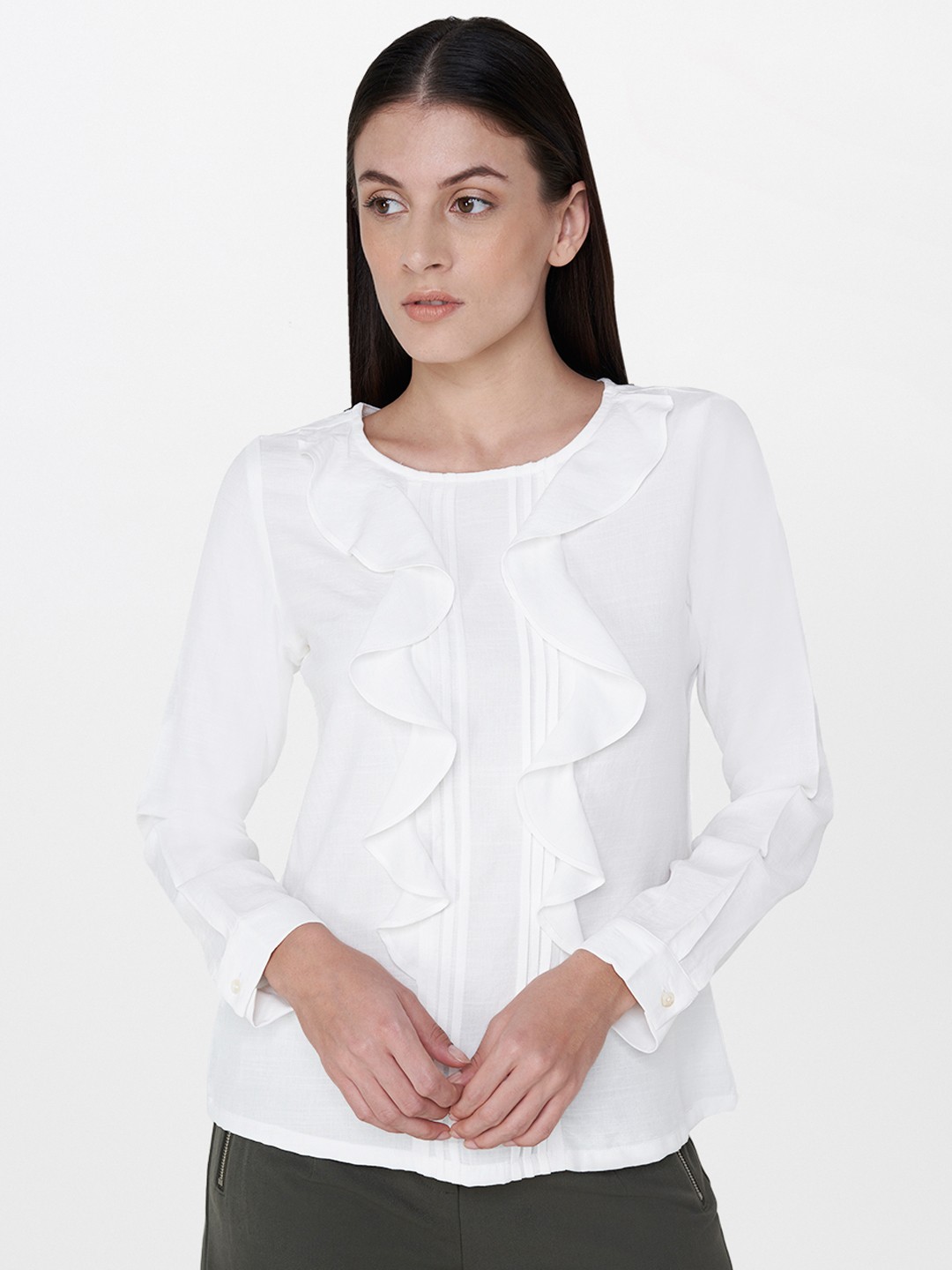 

AND Women White Solid Ruffle Top